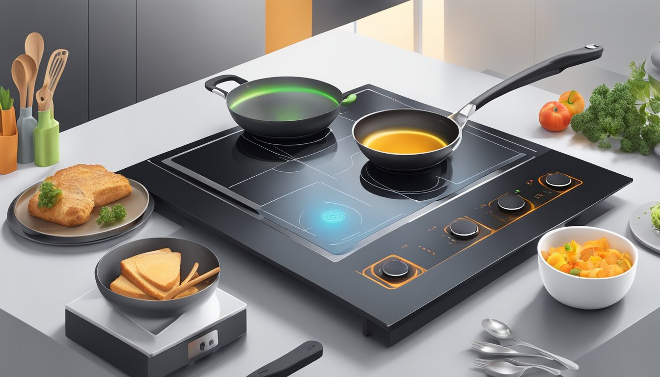 A sleek and modern induction hob with touch controls, surrounded by various cookware and utensils