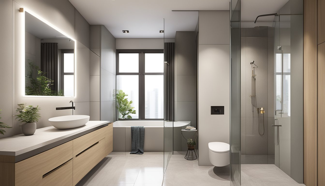 A modern HDB bathroom with sleek fixtures, clean lines, and a neutral color palette. A large mirror reflects the natural light, while a spacious shower area and a minimalist vanity complete the contemporary design