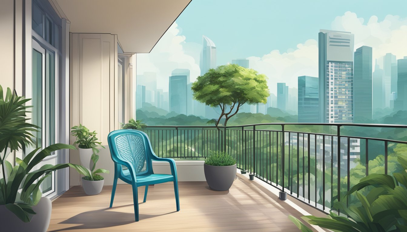 A plastic chair sits on a balcony in Singapore, surrounded by lush greenery and overlooking a bustling cityscape