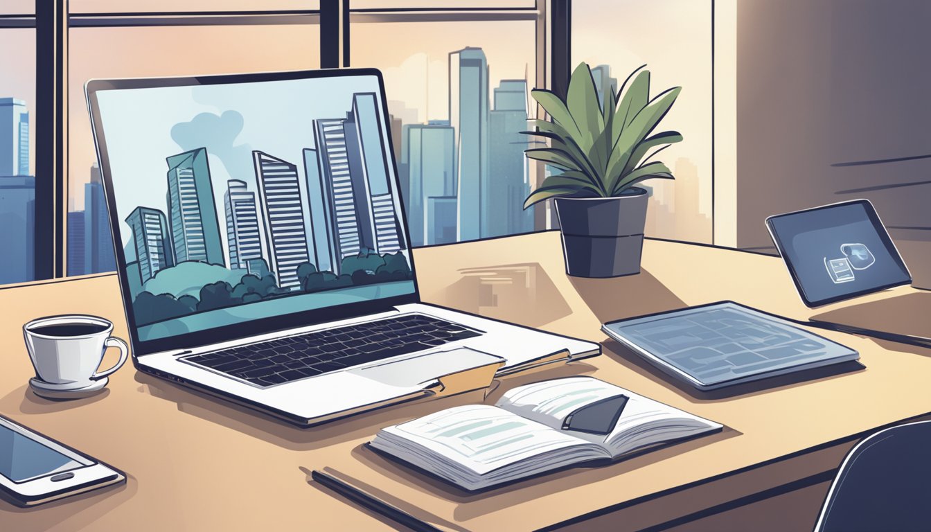 A laptop and smartphone sit on a desk, displaying various passive income ideas. A graph shows increasing income. A Singaporean skyline is visible through a window