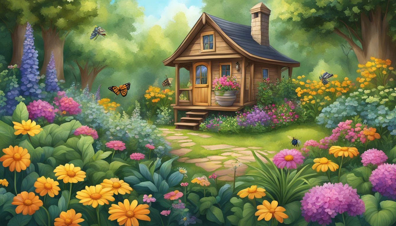 A cozy hutch nestled in a lush garden, surrounded by colorful flowers and buzzing insects