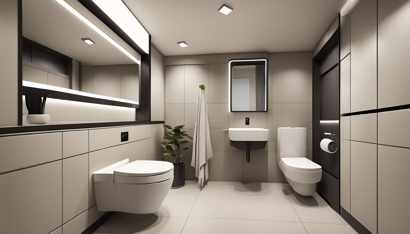 A modern HDB common toilet with sleek fixtures and neutral colors. Functional layout with space-saving features