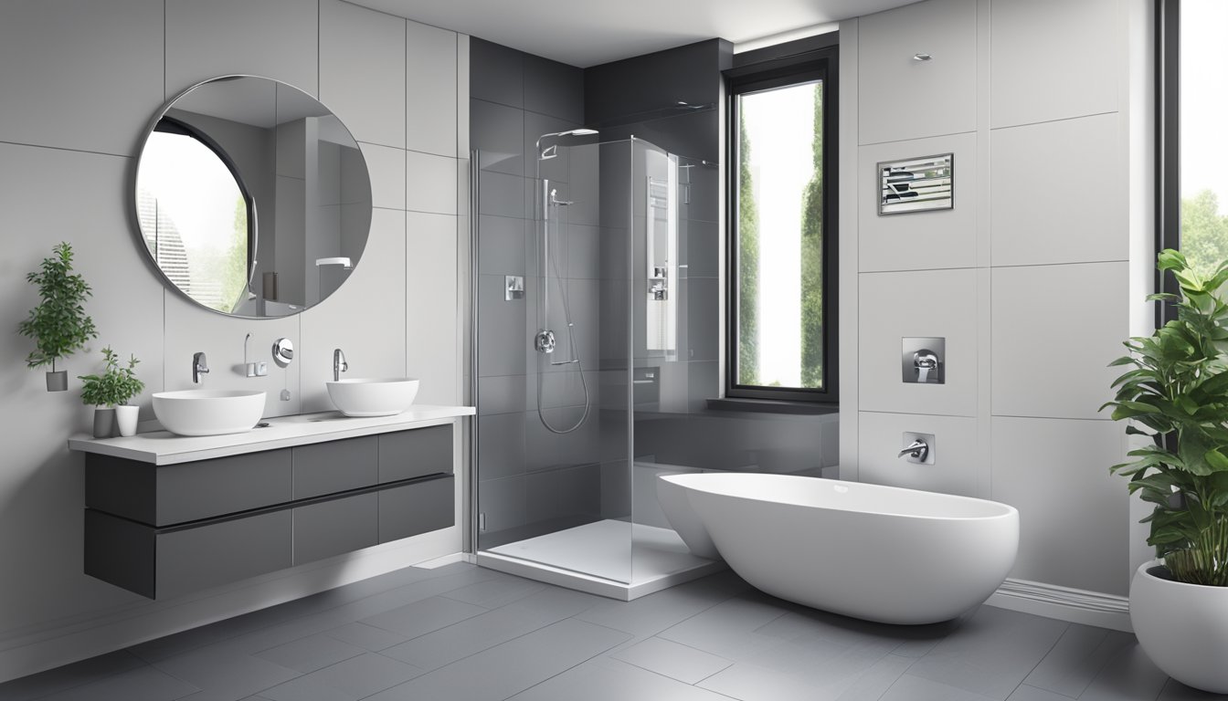 A sleek, modern bathroom with chrome fixtures and minimalist design. Compliance stickers are neatly placed on the wall