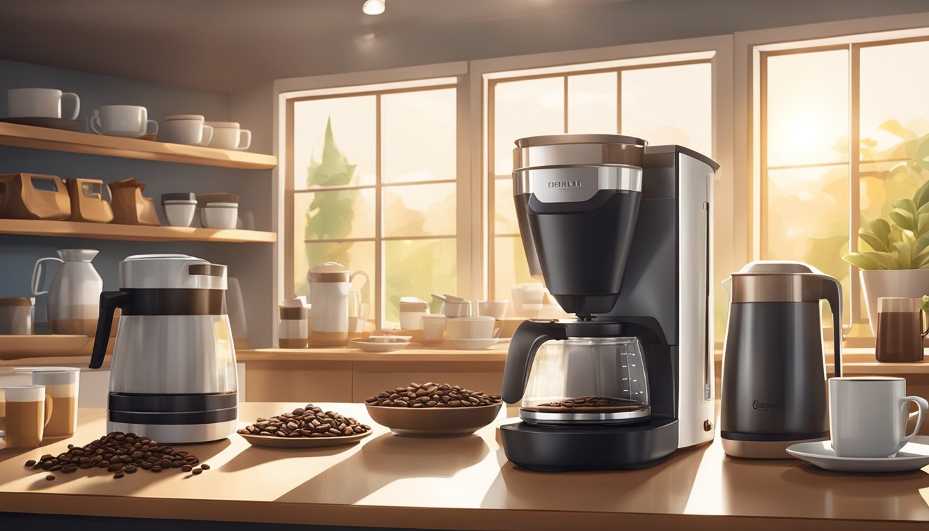 A modern kitchen counter with various sleek coffee machines, surrounded by bags of coffee beans and mugs. Sunlight streams in through a window, casting a warm glow on the scene