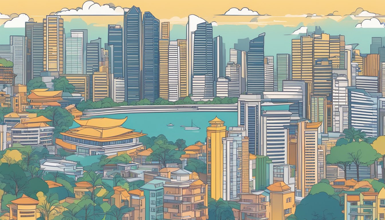 A serene Singapore skyline with various sources of passive income, such as rental properties, dividend stocks, and online businesses, generating income
