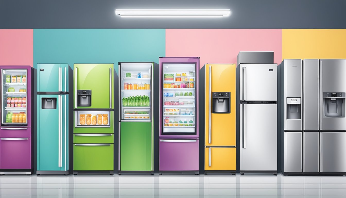 A diverse array of refrigerators on sale in a Singaporean appliance store. Various sizes, colors, and brands displayed with promotional signage