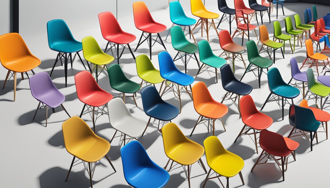 Various plastic chairs in different colors and designs are arranged neatly in a spacious showroom in Singapore