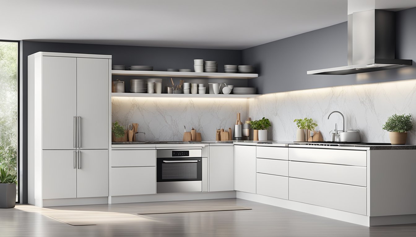 A row of sleek, white ready-made kitchen cabinets line the wall, with shiny silver handles and a marble countertop