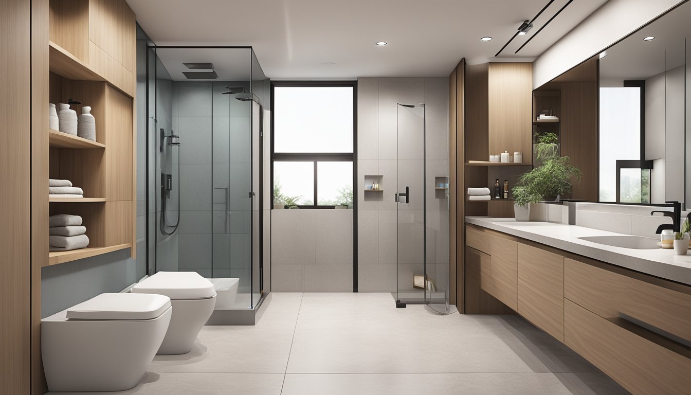 A modern HDB bathroom with sleek fixtures and ample storage space, featuring a spacious shower area and a clean, minimalist design