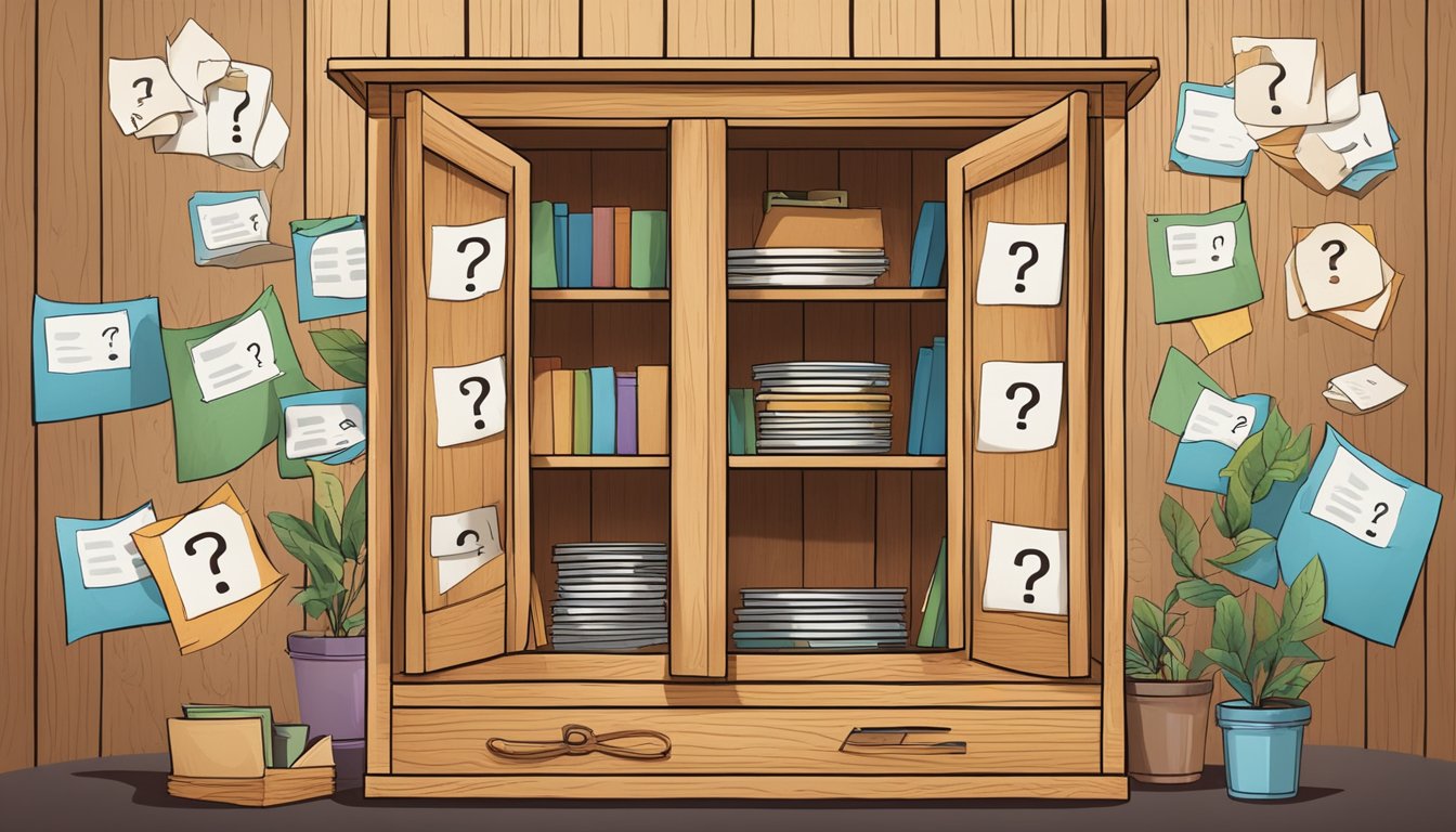 A wooden hutch with "Frequently Asked Questions" printed on the front, surrounded by various question marks and symbols