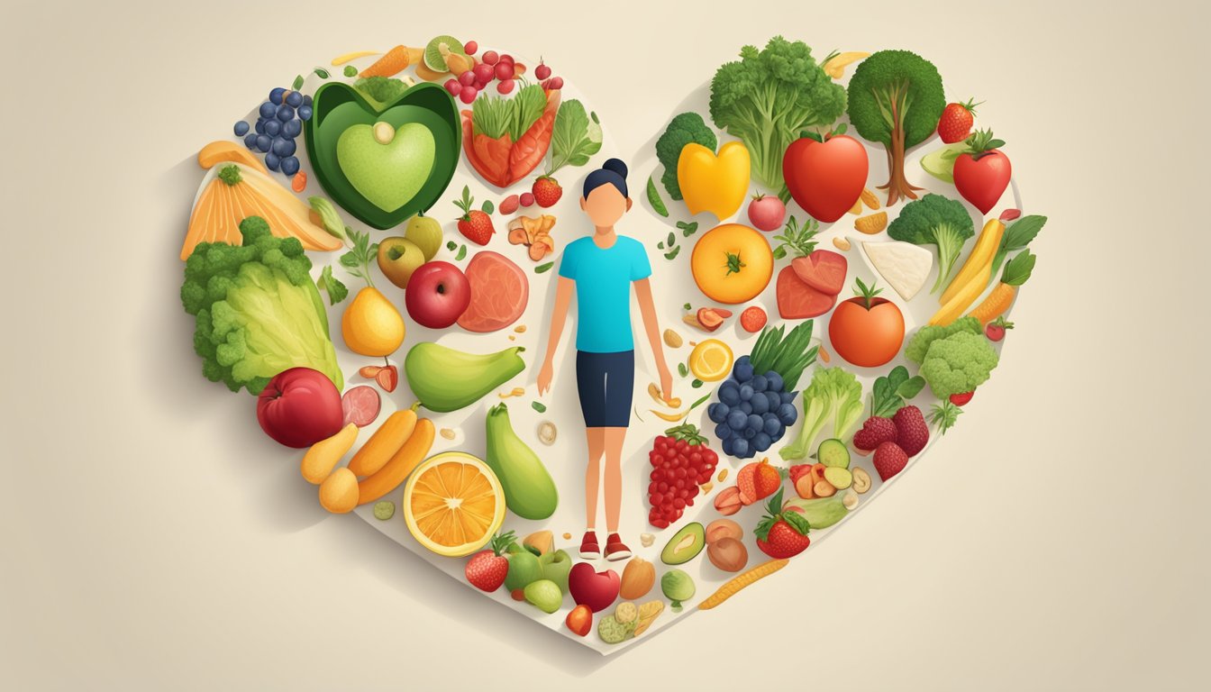 A heart surrounded by healthy lifestyle choices, exercise, and nutritious foods to prevent ischaemic heart disease
