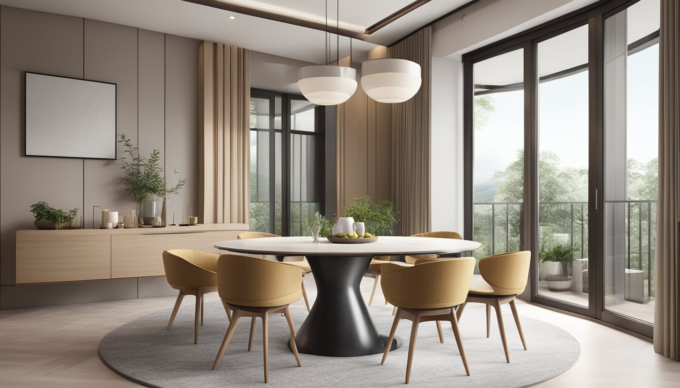 A round dining table in a spacious room in Singapore, with extendable panels, surrounded by modern chairs and bathed in natural light
