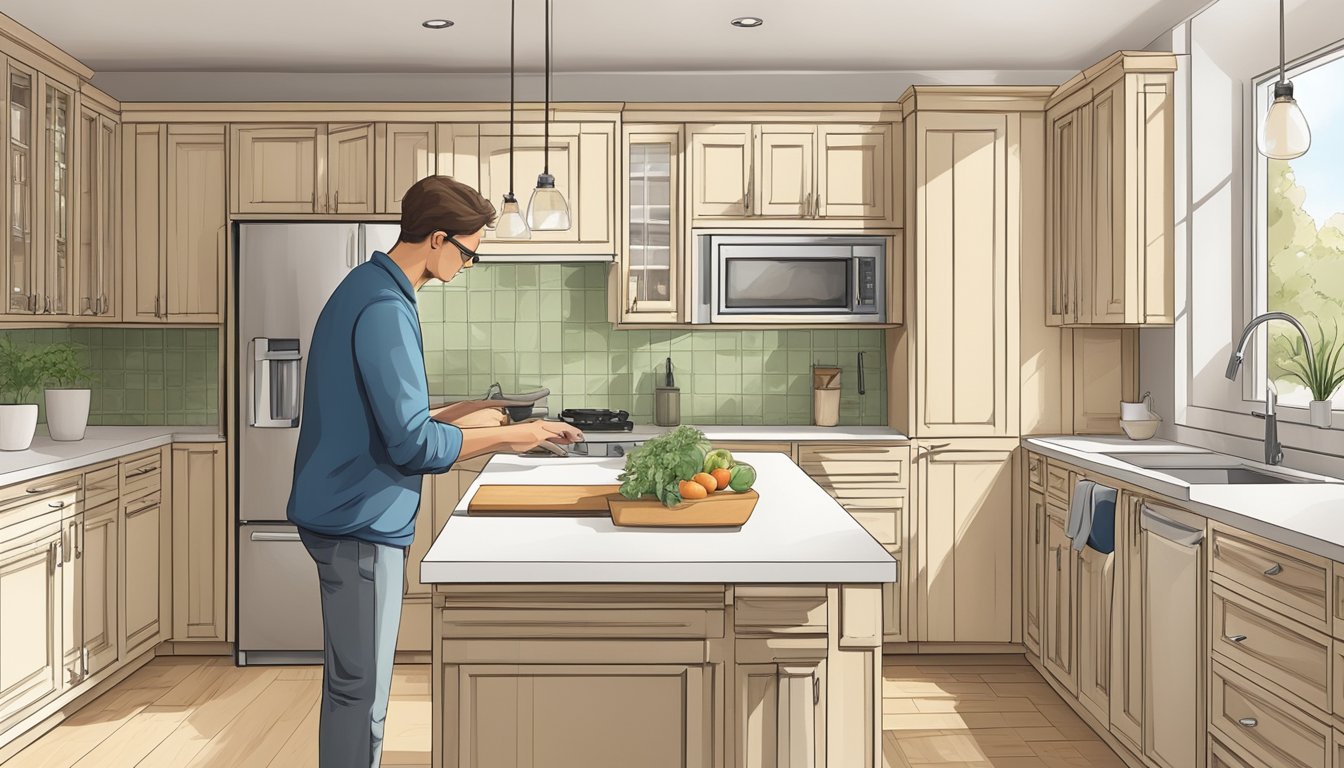 A person carefully selects from a variety of ready-made kitchen cabinets, examining the different styles and finishes available