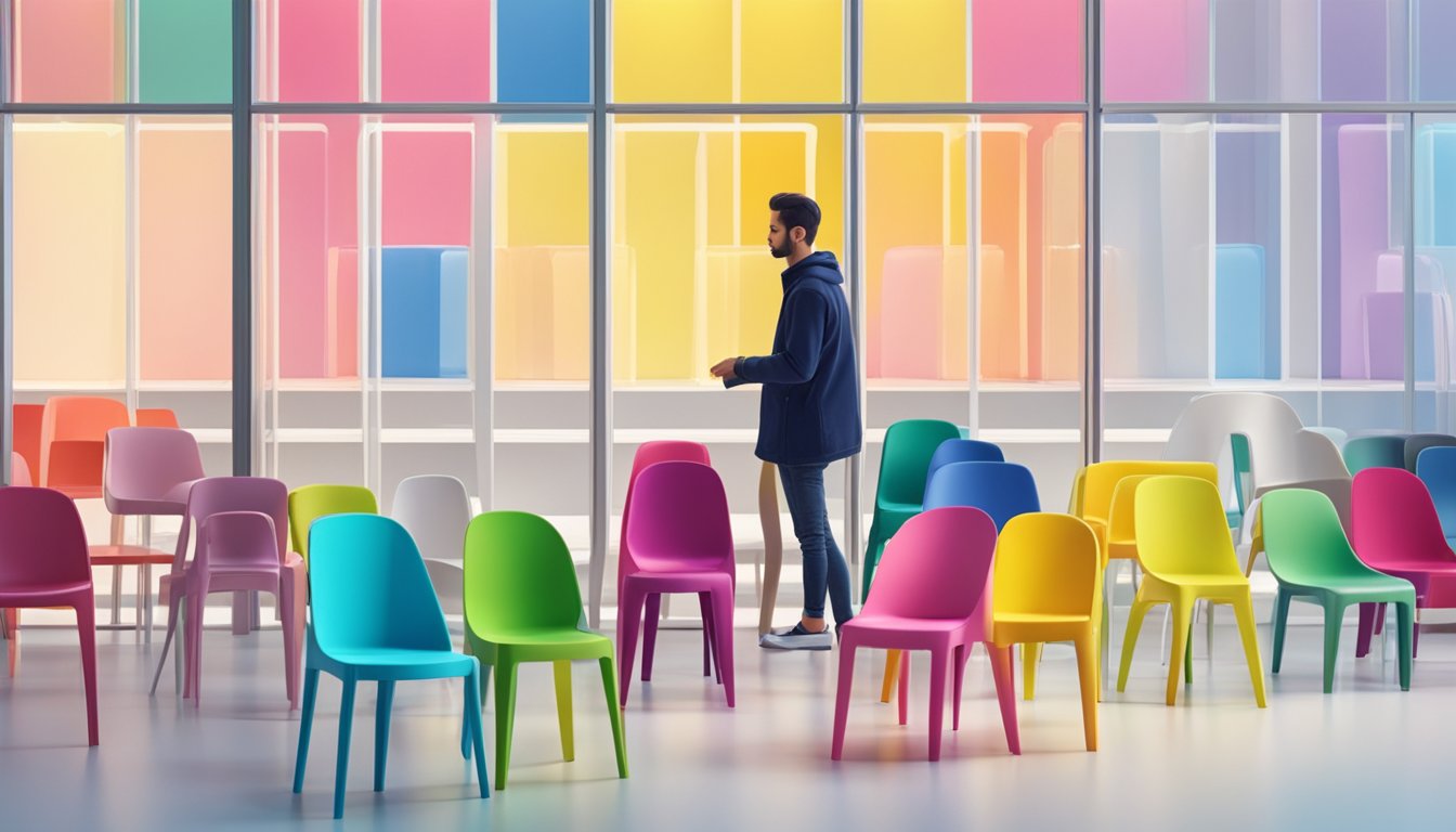 A person carefully selects a plastic chair from a variety of options in a brightly lit showroom