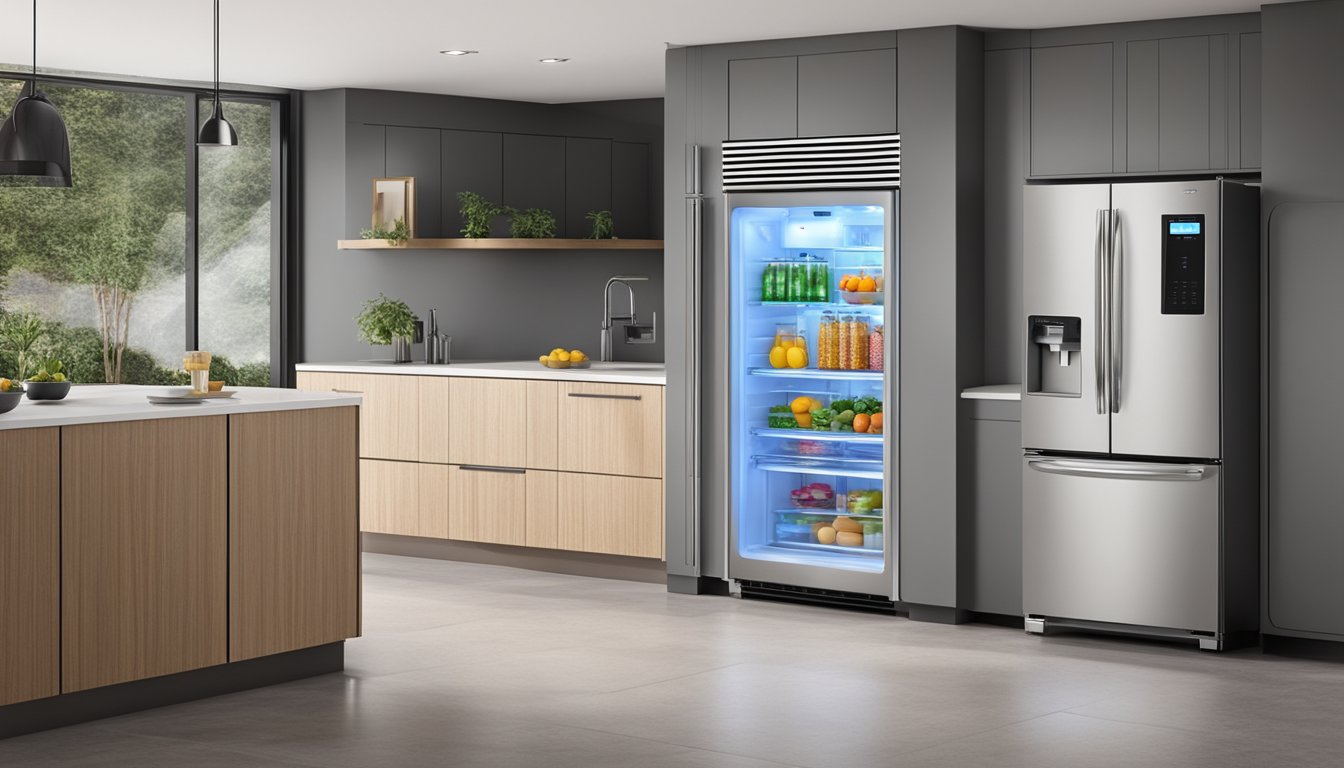 A modern refrigerator with sleek design, digital display, and adjustable shelves. LED lighting illuminates the spacious interior, while a built-in water dispenser adds convenience