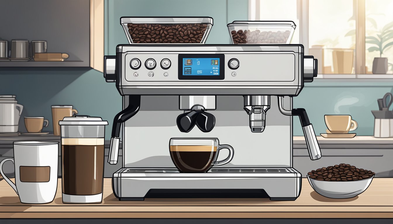 A modern coffee machine sits on a clean kitchen counter, surrounded by bags of coffee beans and a variety of mugs. The machine's sleek design and digital display suggest high-tech functionality