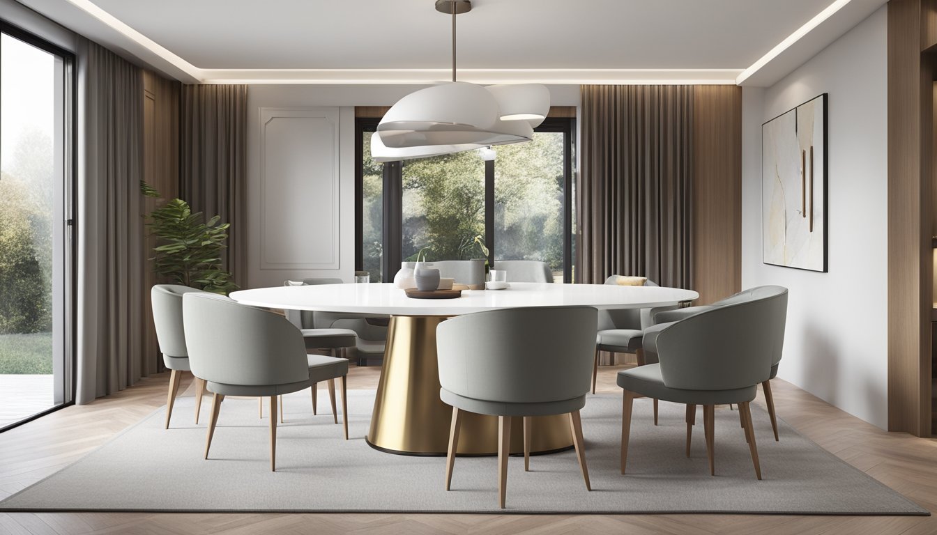 An extendable round dining table in a bright, modern dining room. The table is sleek and minimalist, with smooth lines and a hidden extension mechanism. It is surrounded by stylish chairs, creating a welcoming and functional dining space