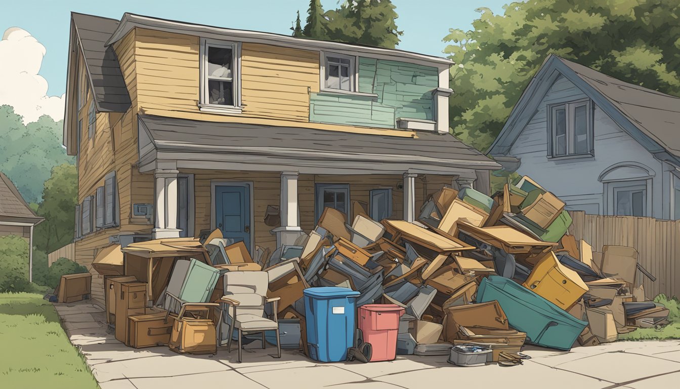 A pile of old furniture sits outside a house, ready for disposal. A person carries a chair towards the pile