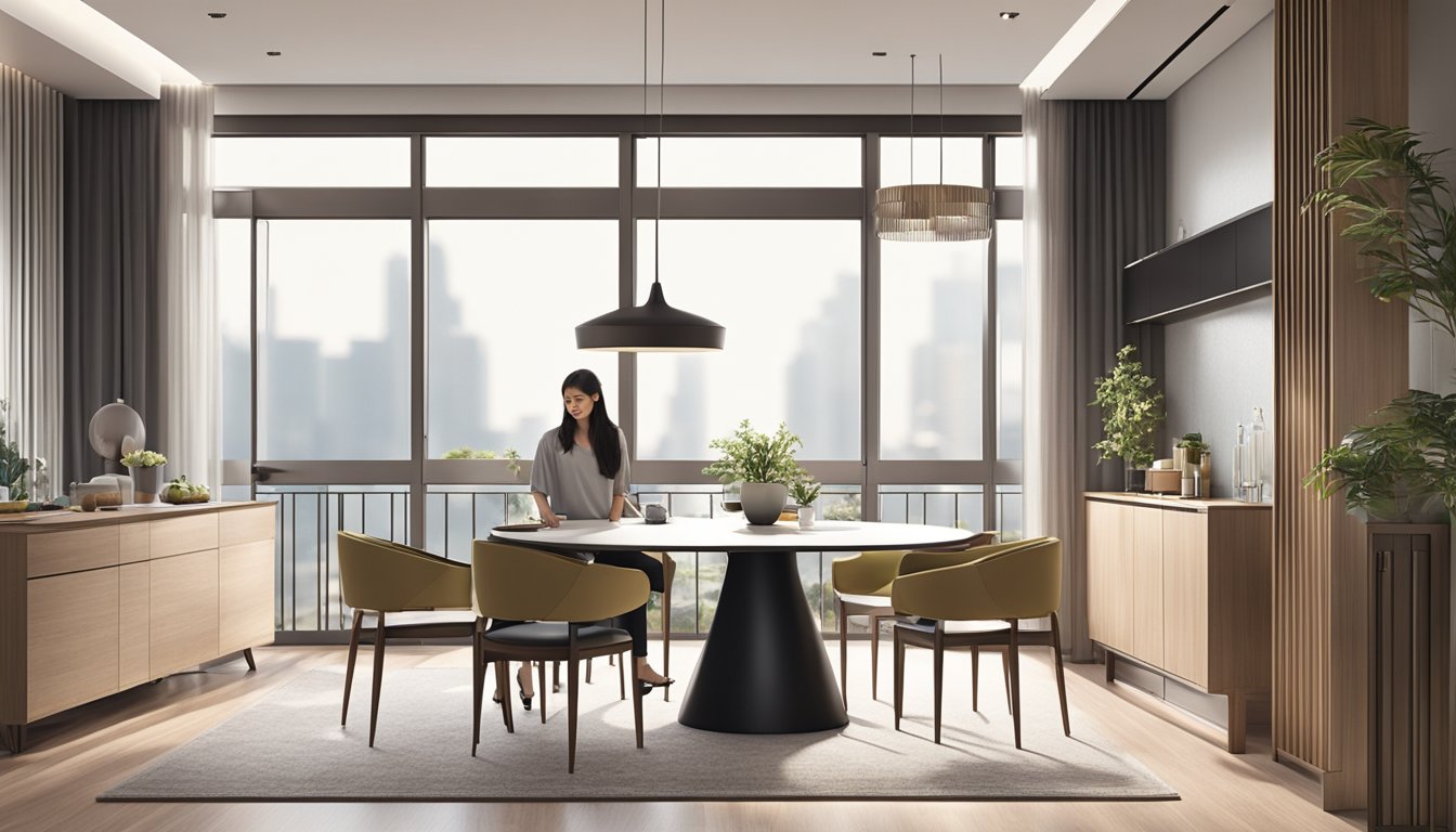 A couple stands in a modern dining room, admiring an extendable round dining table in Singapore. The table is surrounded by stylish chairs, and the room is filled with natural light