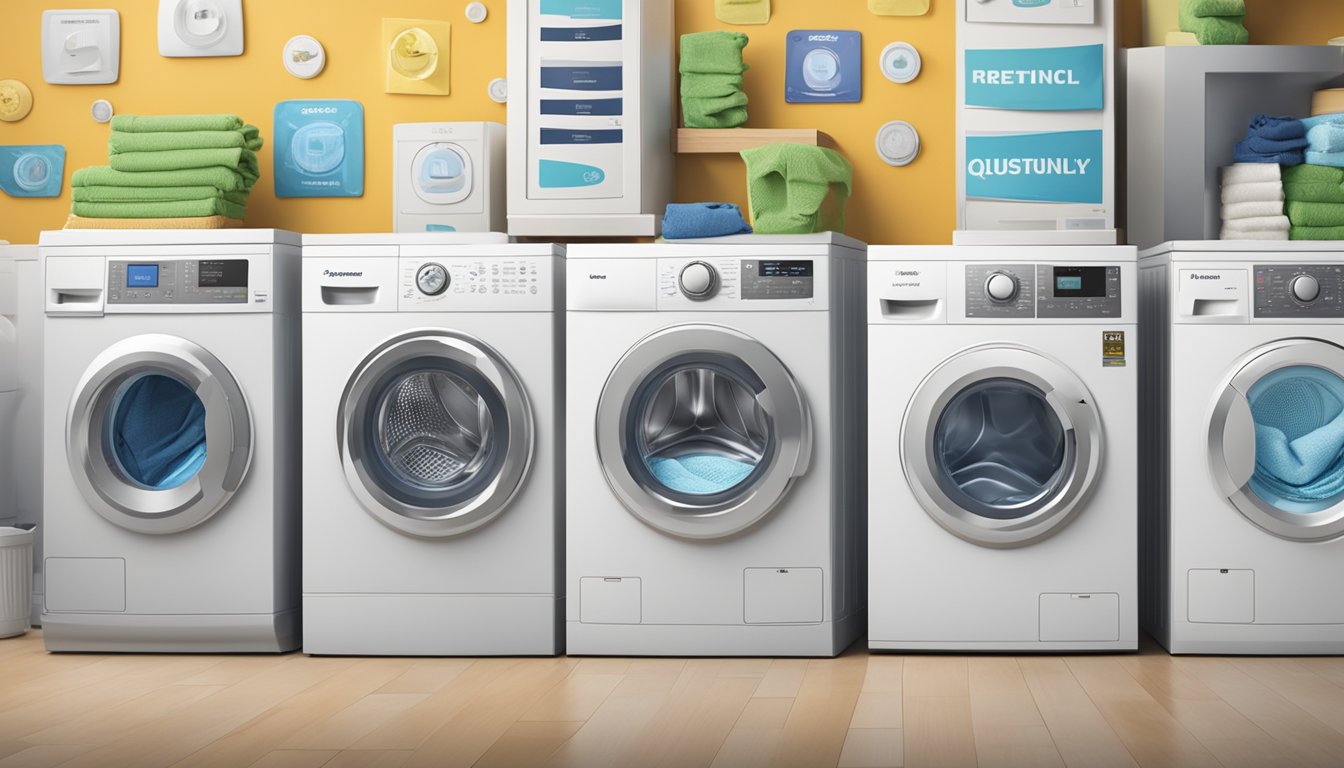 A lineup of top-rated washing machine brands with logos displayed, surrounded by question marks and a "Frequently Asked Questions" sign