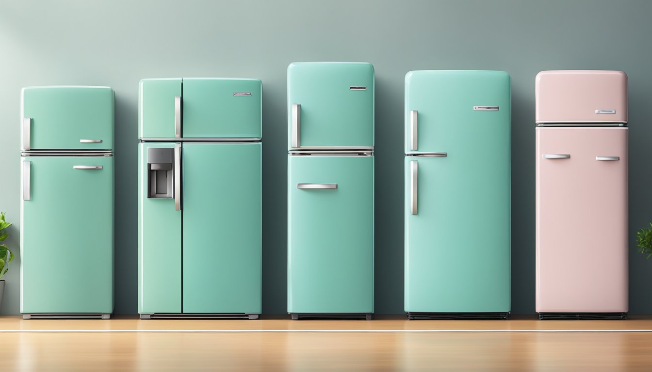 Various fridges of different sizes lined up against a kitchen wall, from small mini-fridges to large double-door models