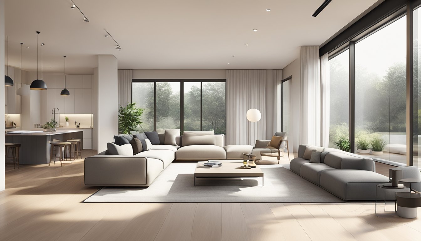 A sleek, open-plan living room with minimalist furniture, large windows, and neutral color scheme. The space features clean lines, natural light, and a sense of spaciousness