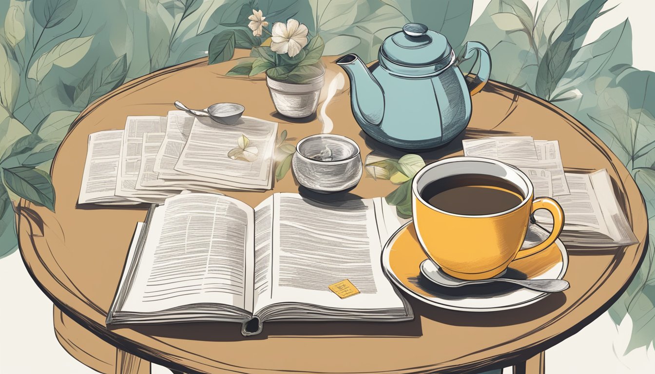 A tea table with neatly arranged FAQ pamphlets and a steaming cup of tea
