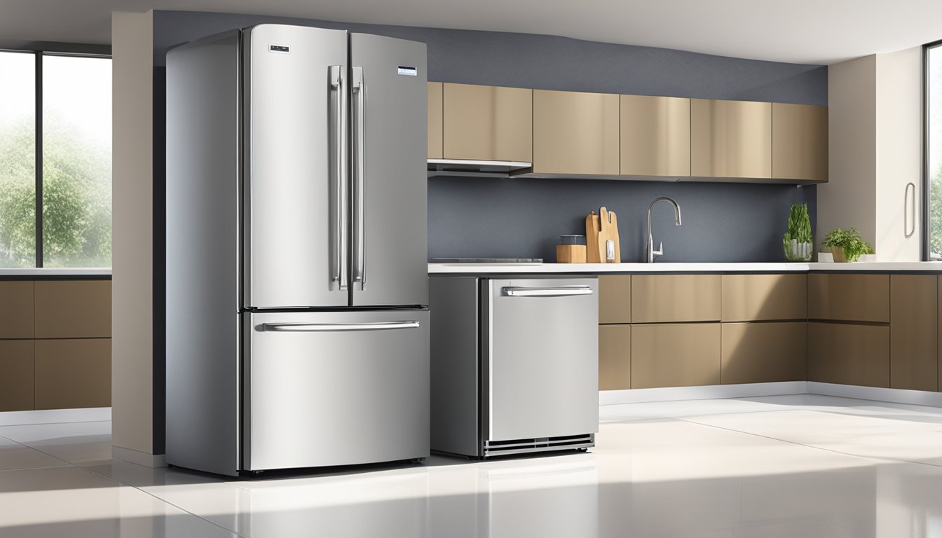 A shiny stainless steel fridge with a "For Sale" sign on a clean, white kitchen floor