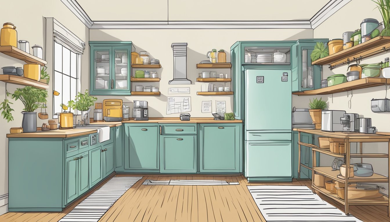 A kitchen with various fridge sizes lined up, measuring tapes and notes scattered around for determining the right size