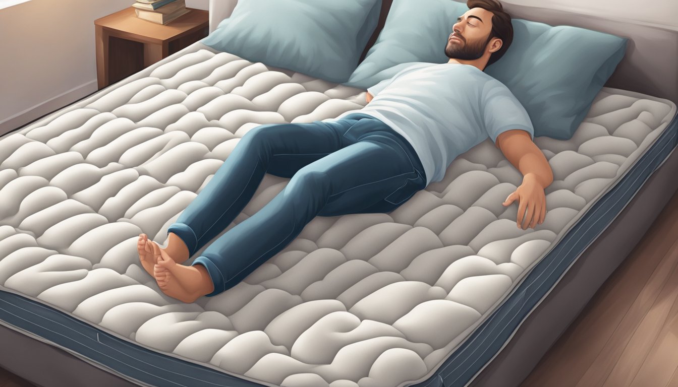A person lying on a mattress, pressing down and feeling the springs through the fabric