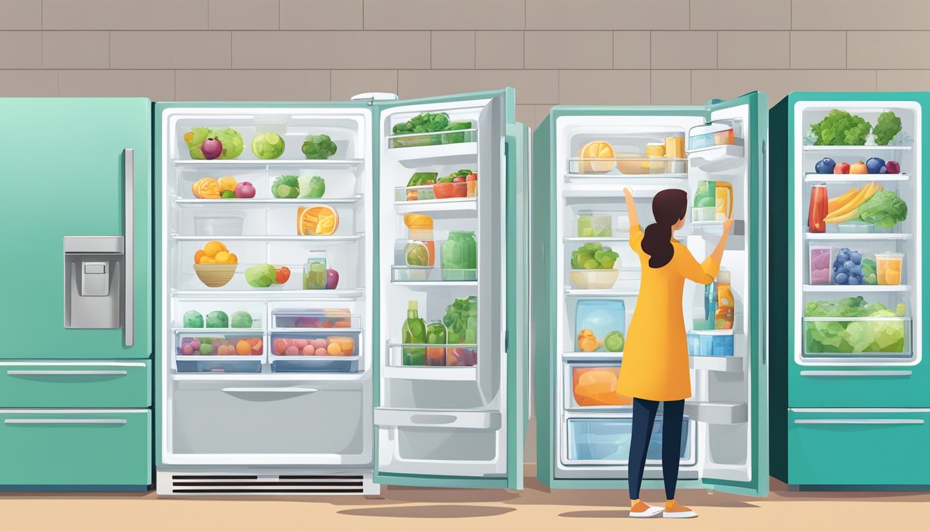 A person choosing fridge features and styles, comparing different sizes and designs