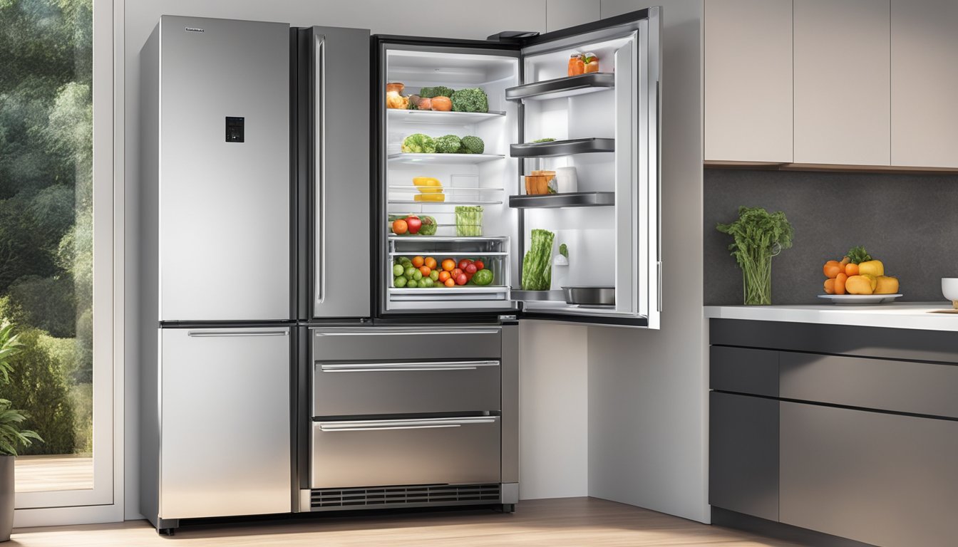 A Europace fridge stands in a modern kitchen, its sleek design and stainless steel finish catching the light. The door is slightly ajar, revealing neatly organized shelves and fresh produce inside