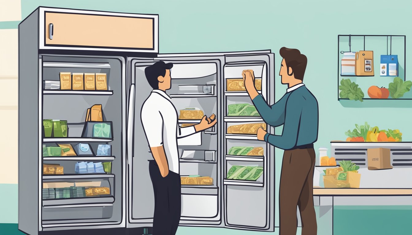 A customer hands over cash to a salesperson in front of a fridge with a "For Sale" sign