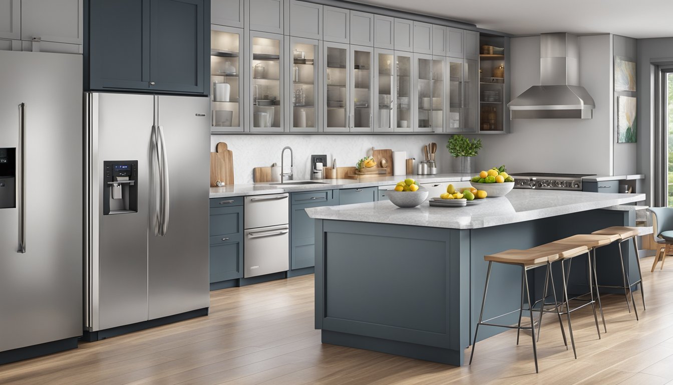 A kitchen with a sleek, silver Europace fridge as the focal point, surrounded by modern appliances and clean countertops