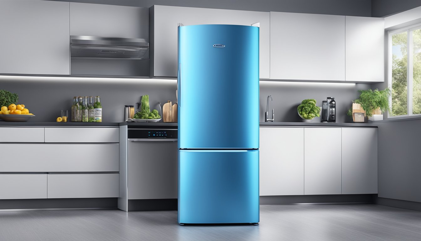 The Europace fridge stands tall, emitting a cool, blue light. Its sleek design and efficient performance make it a standout appliance in any kitchen