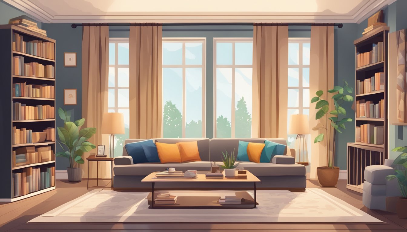 A cozy living room with a plush sofa, coffee table, and soft rug. A bookshelf filled with books, and a large window with flowing curtains