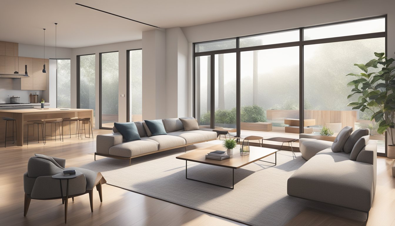 A sleek, minimalist living room with clean lines, neutral colors, and natural light pouring in through large windows