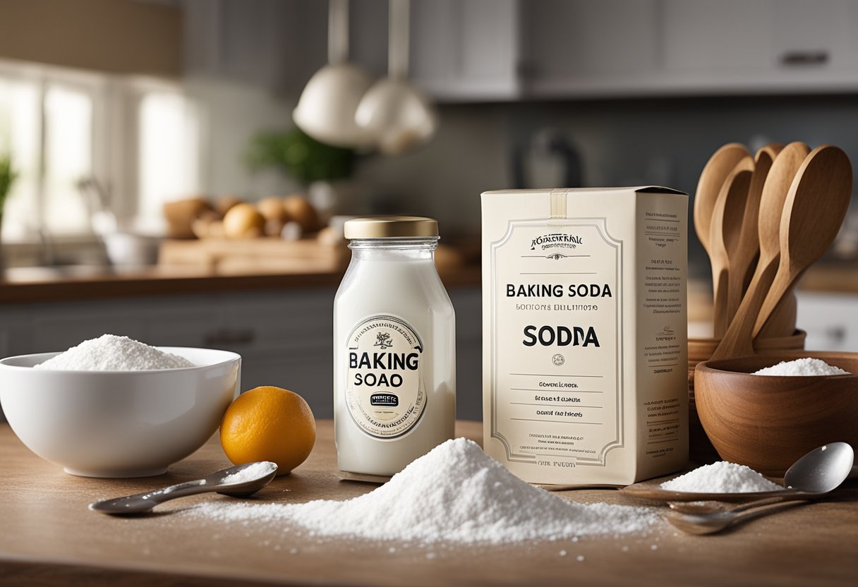 A box of baking soda sits on a clean kitchen counter, surrounded by measuring spoons and a mixing bowl. A recipe book open to a gluten-free page lies nearby