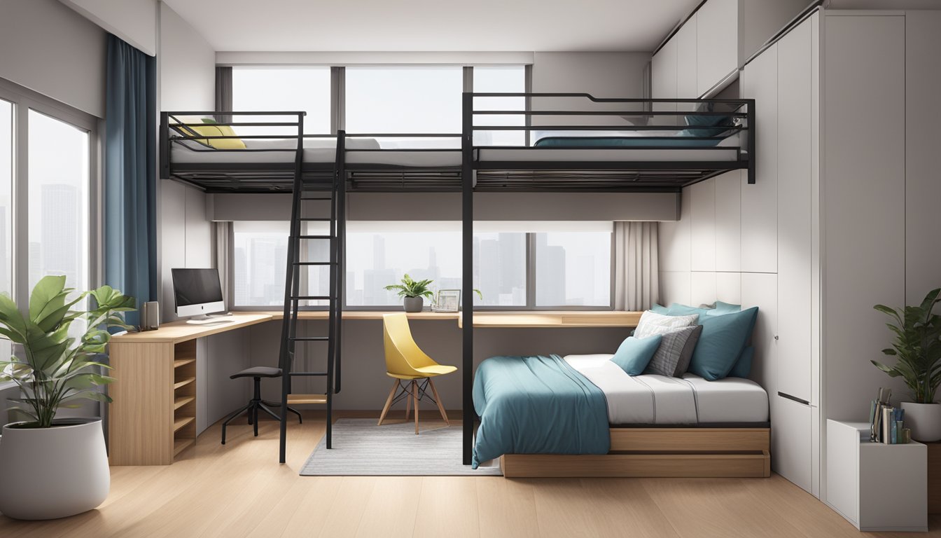 Two modern loft beds in a spacious Singapore apartment, with sleek designs and integrated storage solutions