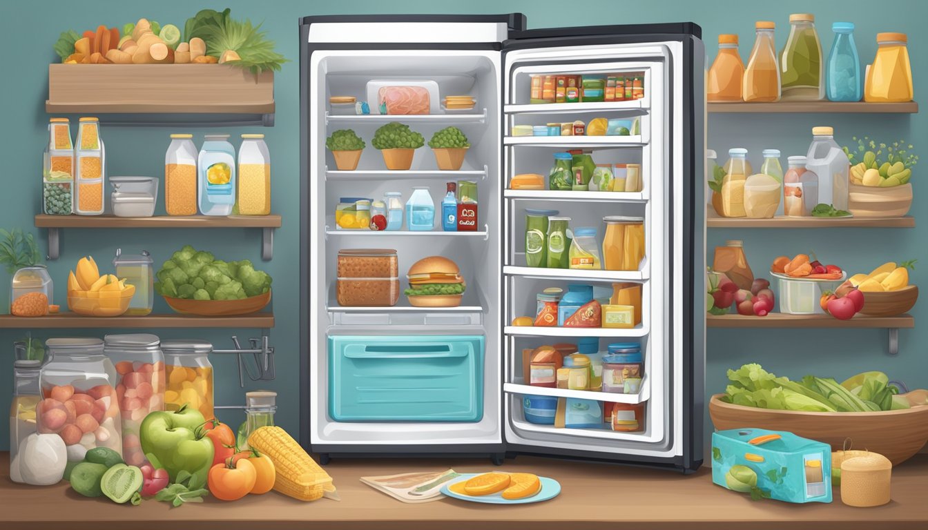 A fridge with "Frequently Asked Questions" stickers on the door, surrounded by various food items and a price tag