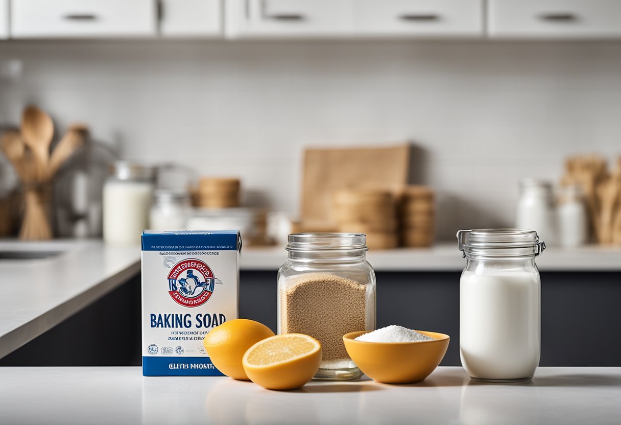 A box of baking soda sits on a clean, white kitchen counter, surrounded by gluten-free baking ingredients