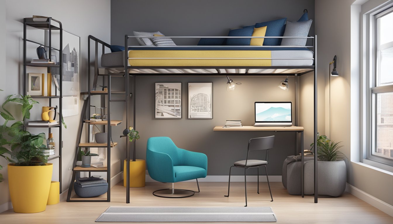 A loft bed with a sleek metal frame, integrated desk, and built-in ladder. Underneath, a cozy seating area with storage shelves