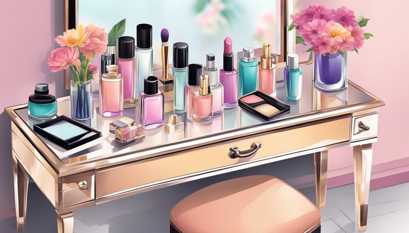 A bedroom dressing table with a mirror, makeup brushes, perfume bottles, and a jewelry box. A vase of flowers sits next to a tray of neatly arranged cosmetics