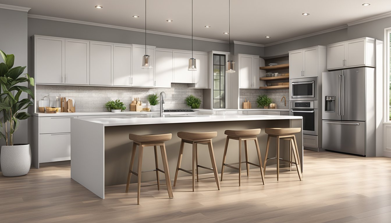 A clean, modern kitchen with neutral tones and sleek appliances. The space is well-lit with natural light and features ample storage and counter space