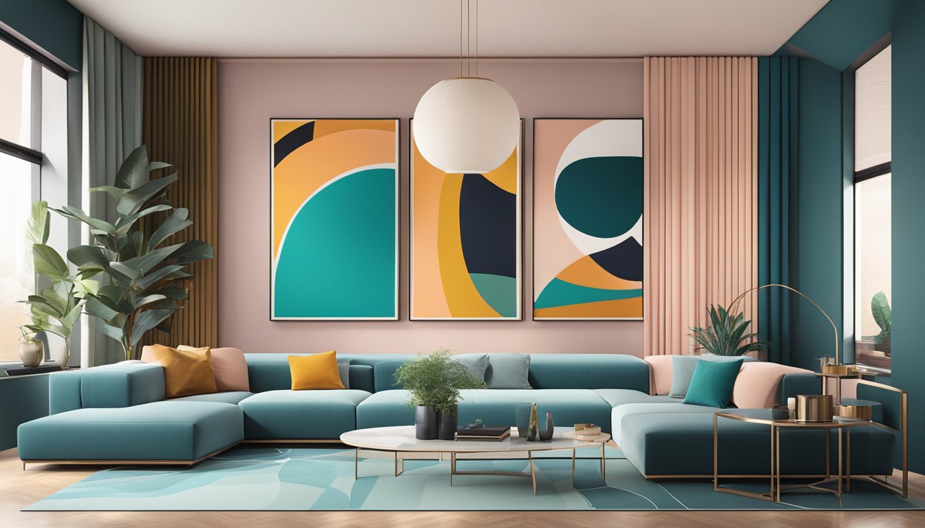 A sleek, minimalist living room with geometric shapes and bold colors, accented by metallic finishes and abstract artwork