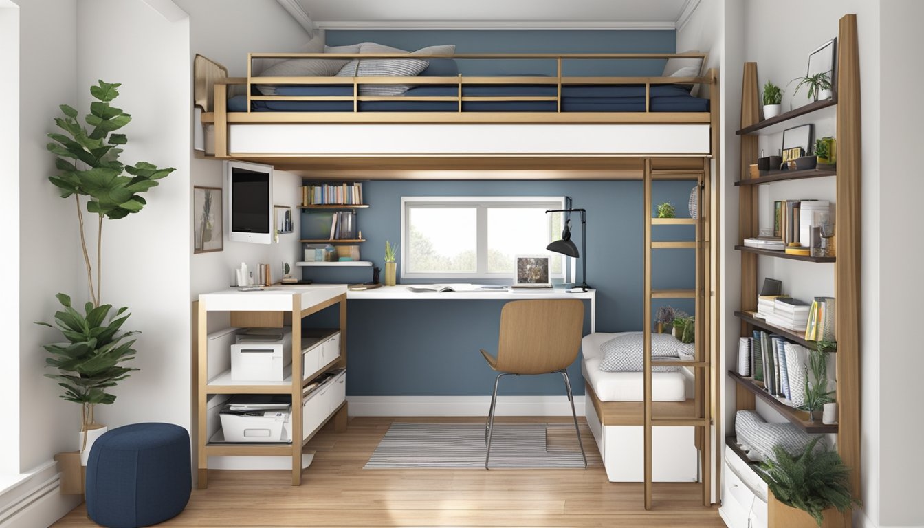 A loft bed sits atop a compact living area, with shelves and storage underneath. The space-saving design maximizes the room's potential