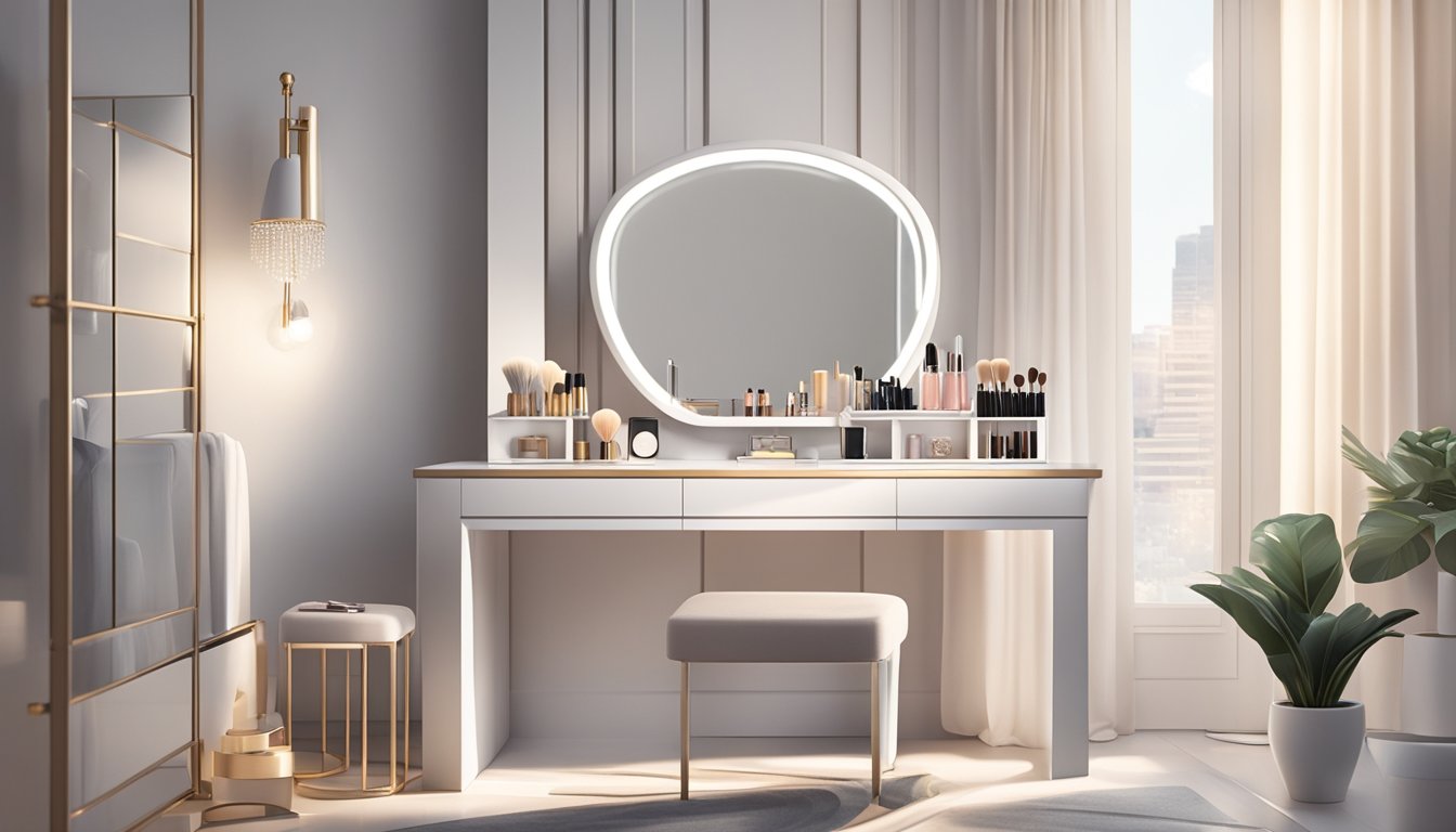 A well-lit bedroom with a sleek, white dressing table adorned with a vanity mirror, makeup brushes, and neatly arranged cosmetics