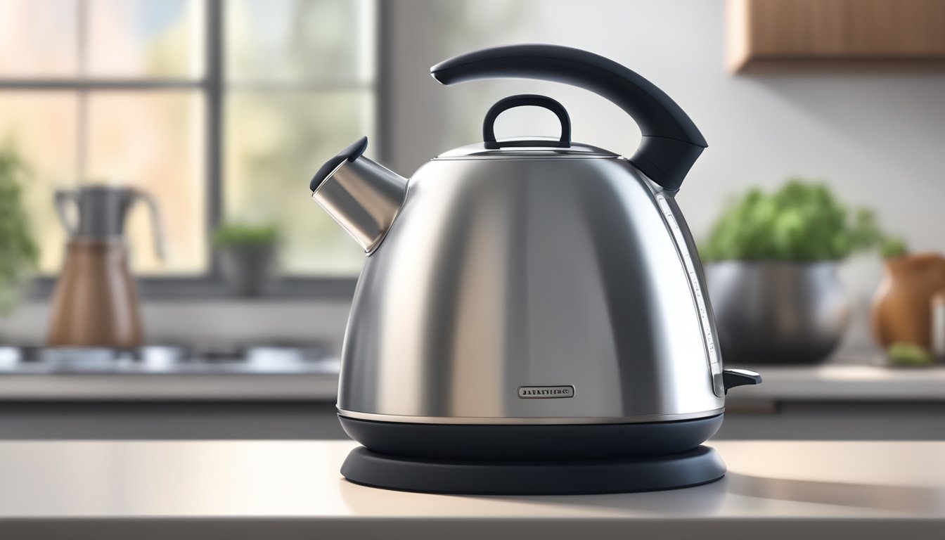 A sleek, modern kettle sits on a kitchen countertop, steam rising from its spout as it quickly heats water to the perfect temperature