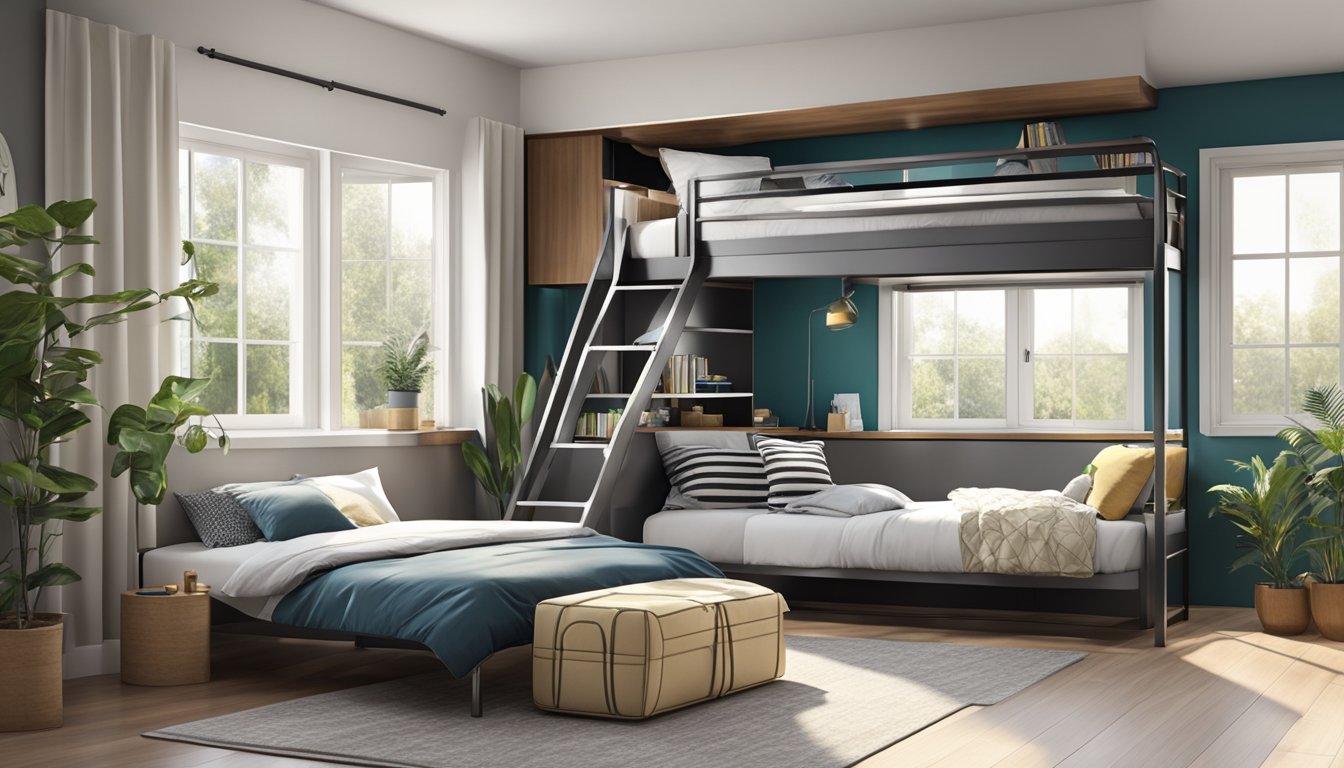 A modern loft bed with sleek design and ample storage, surrounded by adult-friendly decor and furnishings in a spacious, well-lit room