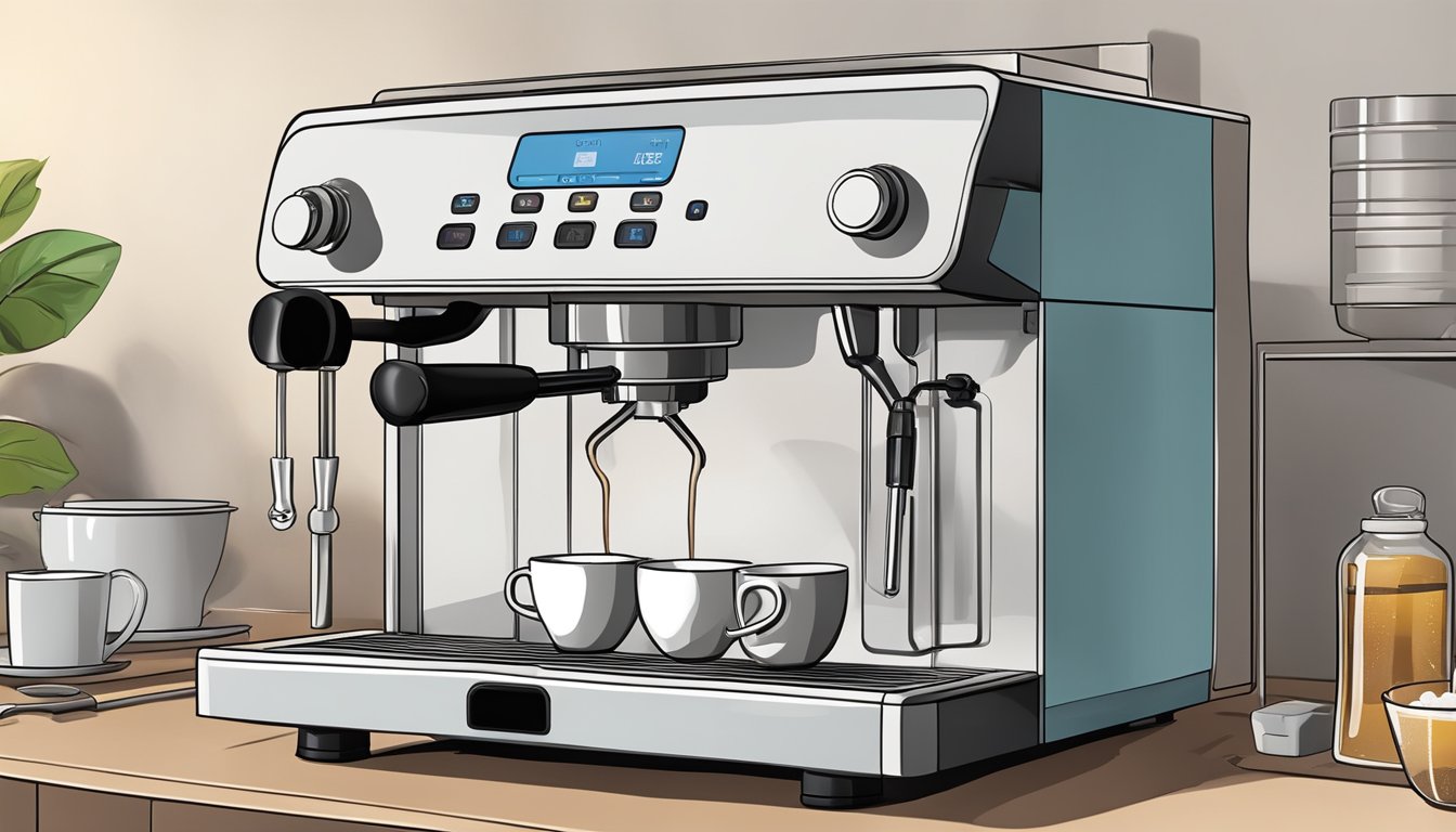A coffee machine is being descaled with vinegar, with the liquid flowing through the machine's internal components